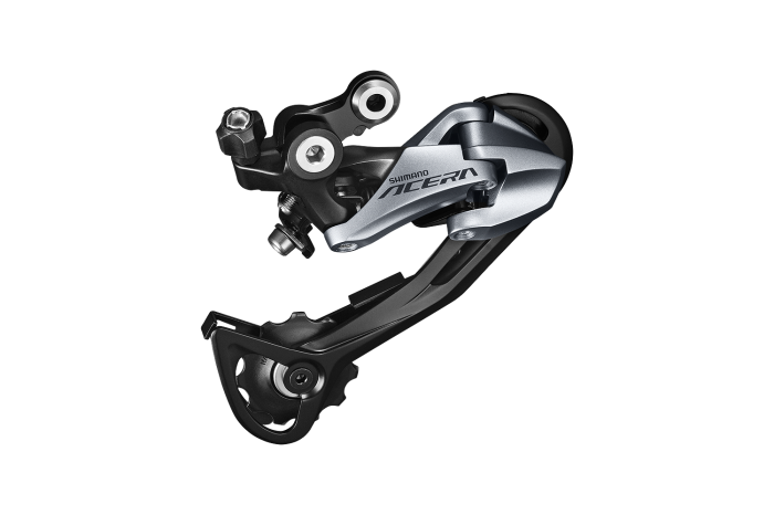 全新acera后变速器搭载shimano shadow rd技术,激烈骑乘下不用担心会